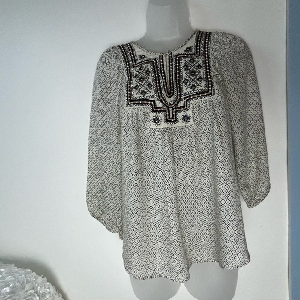 Lucky Brand BOHO Black/White Embroidery & Mirrors Blouse Small